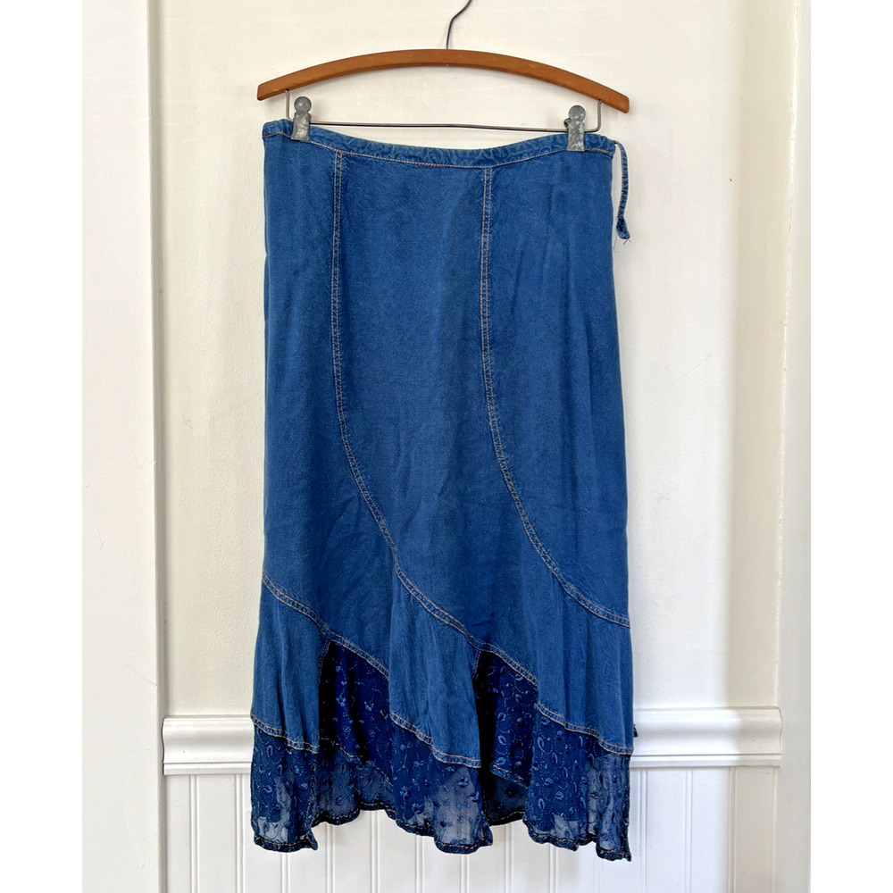 Sacred Threads Hippie Boho Blue Demmin Like Lace Hem Skirt Rayon SZ SM - Picture 2 of 8